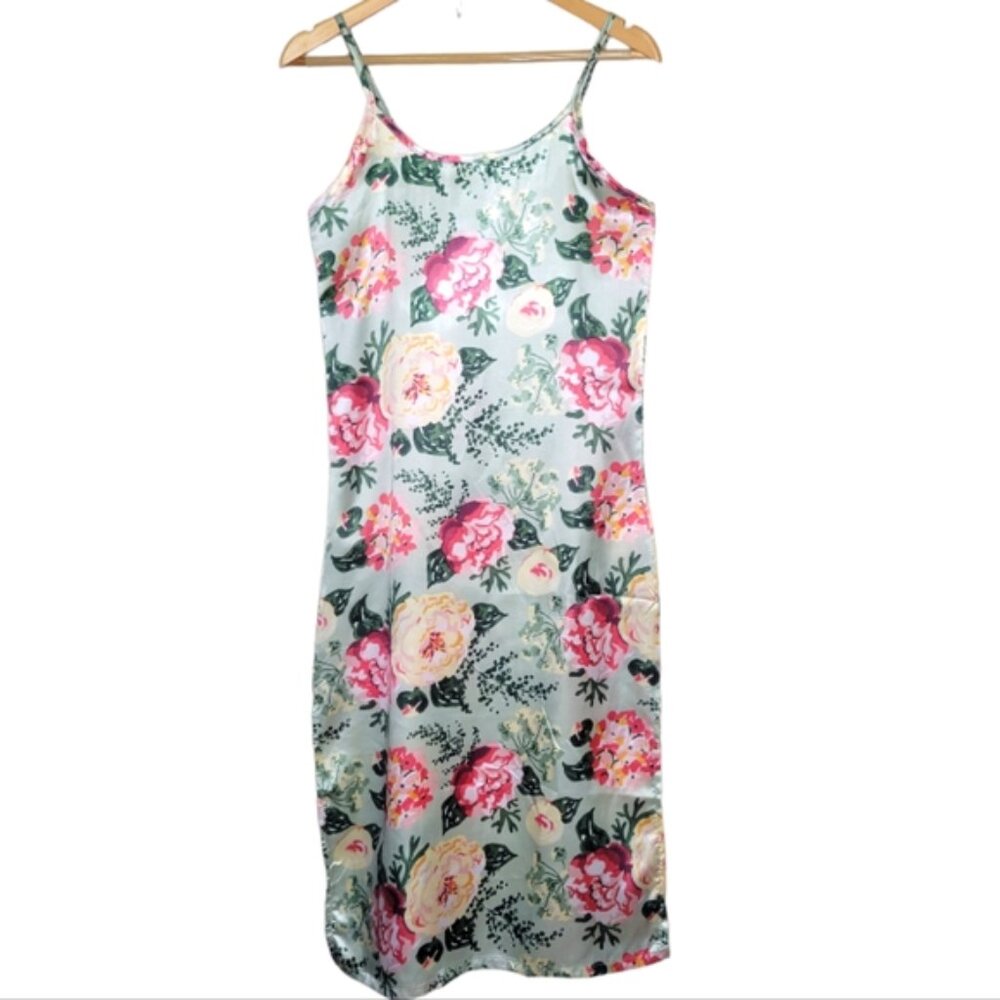 NWT Joan Vass Mint Floral Slip Dress Midi, Size S